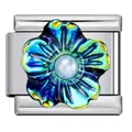Blauwe iriserende bloembedel van roestvrij staal voor Italiaanse modulaire armband - Gekleurde Gradiëntbloem Met Kunstparel Stijl (ICJ996-1)