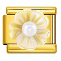 Italiaanse modulaire bedel in goud met een parelmoeren bloem en parel in het midden - Gouden Basis Iritserende Bloem Met Kunstparel Stijl (ICJ184-2)