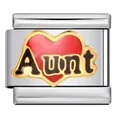 Stainless steel Italian charm bracelet link with a red enamel heart and Aunt design - Aunt Red Heart Style (ICJ1225)
