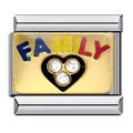 Gold-plated stainless steel Italian charm link featuring 'FAMILY' text and crystal heart - Family Rhinestone Style (ICJ242)