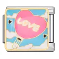 Gros plan sur un charm italien en émail avec montgolfière cœur rose et texte LOVE - Style de Montgolfière LOVE (ICJ1661)
