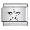 Detailed macro view of silver stainless steel Italian charm link with hollow star engraving - Hollow Star (ICY594) / Silver