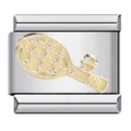 Detailopname van een roestvrijstalen Italiaanse charm met een gouden tennisracket - Tennisracket Patroon (ICJ782)