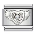 Charm de corazón con alas de acero inoxidable con cristal para pulsera modular - Corazón Alado con Piedra Blanca (ICJ093-1)