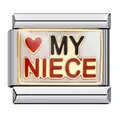 Charm italiano in acciaio inox con scritta MY NIECE e cuore rosso per bracciali DIY - My Niece (ICJ746)