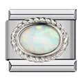 Detalle de un eslabón de charm italiano de acero inoxidable con piedra de ópalo - Blanco Opalo (Octubre)