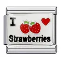Italian modular charm link in stainless steel with I Love Strawberries enamel design - Strawberry Theme Heart Style (ICJ214)