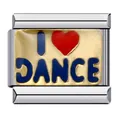 Detailopname van het geëmailleerde 'I Love Dance' hartpatroon op een vergulde bedel-link - Dans Tekst (ICJ352)