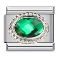 Maglia charm italiana in acciaio inox con zircone verde ovale e bordo a corda intrecciata - Verde (Maggio)