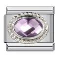 Charm modulare italiano in acciaio inossidabile con zircone ovale viola sfaccettato - Viola (Febbraio)