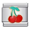 Italian charm bracelet link featuring a red enamel cherry design on stainless steel - Cherry Leaf Style (ICJ675)