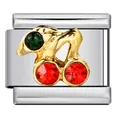 Stainless steel Italian charm link with red cherry rhinestone design for DIY bracelets - Rhinestone Cherry Shape (ICJ244)