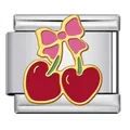 Italian modular bracelet charm featuring red heart-shaped cherries and a pink bow link - Bow Cherry Style (ICJ3119-1)