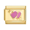 Charm italiano in acciaio dorato con cuore in smalto rosa per bracciale DIY creativo - Doppio cuore smaltato rosa dorato (ICY849-2)
