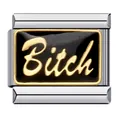 Ciondolo modulare italiano personalizzato in smalto nero e oro con scritta Bitch - Testo in Corsivo Bitch (ICJ267)