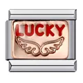 Primo piano di charm italiano in acciaio con scritta LUCKY rossa e ali incise - LUCKY Wing (ICJ349)
