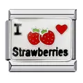 Dettaglio di un link per bracciale italiano in acciaio con design "I Love Strawberries". - Strawberry Style (ICJ214)