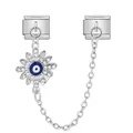 Silver tone Italian charm link with evil eye daisy pendant and connecting chain - Sun Evil Eye Safety Chain (ICG580-13)