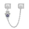 Modular silver stainless steel Evil Eye Hamsa Hand Italian charm with safety chain - Hamsa Evil Eye Safety Chain (ICG580-15)