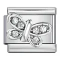 Vista detallada de un charm de mariposa plateado con cristales para pulsera italiana. - Mariposa de Diamantes Plata (ICJ485-1)