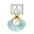 Maillon de bracelet italien avec pendentif en forme de coquille d'émail bleu et perle. - Style Perle Coquillage Émail Bleu Ciel (ICG007)