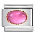 Italian charm link with pink oval gemstone and gold-rimmed stainless steel base - Silver Base Oval Pink Stone (J292-1)