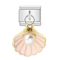 Maillon de charme italien en acier inoxydable avec coquillage rose et perle pendante - Style Perle Coquillage Émail Rose (ICG006)