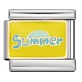 Maglia charm italiana con sfondo in smalto giallo e scritta Summer blu in acciaio inox - Motivo Sole Estivo (ICJ1409)