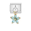 Charme pour bracelet modulaire italien avec un pendentif fleur en gemme bleue dorée - Style Fleur Bleu Clair (ICG022)