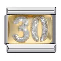 Maillon de charme italien en acier inoxydable avec plaque dorée et chiffre 30 scintillant - Style Numéro 30 (ICJ200)