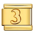 Dettaglio di un charm modulare in acciaio inossidabile dorato con il numero arabo 3 - Stile Numero 3 (ICY819)