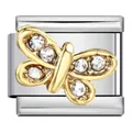 Eslabón de charm italiano de mariposa dorada con diamantes de imitación para pulseras - Mariposa de Diamantes Dorada (ICJ484-1)
