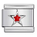 Polished stainless steel Italian modular charm link with a red enamel star design - Red Star Pattern (ICY671) / Silver