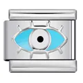 Polished stainless steel Italian modular charm featuring a vibrant blue Evil Eye design - Evil Eye - Light Blue (ICY728)