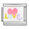 Maillon italien en acier inoxydable avec texte LOVE coloré et motif de cœur rose. - Style Cœur LOVE Manuscrit (ICJ1371) / Argent