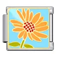 Vue macro détaillée d'un charm modulaire italien avec tournesol jaune sur émail bleu clair - Tournesol Orange Jaune Style (ICJ358-1)