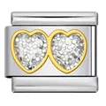 Maglia per bracciale componibile con doppi cuori dorati e cristalli trasparenti - Doppio Cuore con Glitter e Bordo Dorato (ICJ1481)