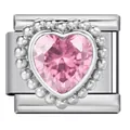Charm link italiano in acciaio con zircone a cuore rosa e bordo a perline - Cuore in Strass Rosa Acceso (ICJ1478-4)