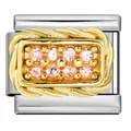 Maglia per bracciale modulare italiano con zirconi rosa e dettaglio corda dorata di lusso - Maglia con Bordo Dorato e Strass Rosa (ICJ1503-1)
