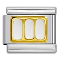 Polished stainless steel Italian charm link featuring a gold 3-window rectangle - Silver Base Gold Bar Oval Windows (ICY646)