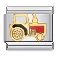 Detailed close-up of a gold-plated tractor charm on a silver modular link bracelet - ICJ470/Red Tractor