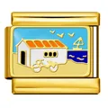 Gold-plated Italian charm link with beach house and sea scenery design - Coastal Cottage (ICJ654-2)