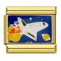 Gold-plated Italian modular bracelet link featuring a colorful enameled space shuttle design - Space Shuttle (ICJ616)