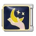 Charme modulaire italien avec main tenant lune et étoiles, émail bleu sur acier. - Main Tenant Étoile Lune (ICJ1801)