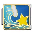 Module de bracelet italien en acier inoxydable avec motif de vague bleue et étoile jaune - Vagues et Étoiles (ICJ1820)