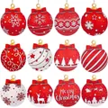 Detailed view of twelve assorted wooden Christmas ball ornaments with festive patterns - 12pcs Set