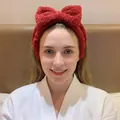 Oversized red plush bow headband perfect for face washing and skincare routines for women - Large Bowknot Style / Burgundy