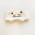 Fascia per capelli in morbido peluche bianco con gatto ricamato per lavaggio viso - Stile Gatto Bianco Crema / Bianco avorio