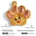 Colgante de pata de acero inoxidable chapado en oro con gemas rosas y cara de cachorro - Estilo Pata de Perro Dorada con Diamantes de Imitación Rosados (PJ94030GB) / 14.4x14mm