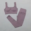 Premium tweedelige geribbelde naadloze yoga-set met hoge taille in mat paars dessin - S / Boven- En Onderstuk / Donkerpaars